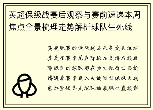 英超保级战赛后观察与赛前速递本周焦点全景梳理走势解析球队生死线 英超保级战赛后观察与赛前速递本周焦点全景梳理走势解析球队生死线